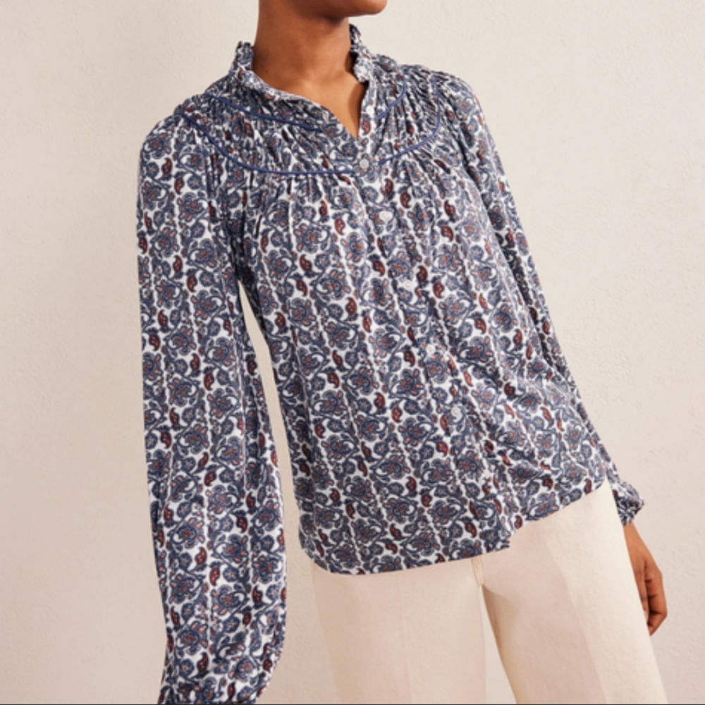 Boden Blue and White Paisley Long-Sleeve Ruffled Yoke Blouse